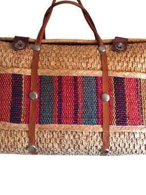 Natural Straw Tote with Multicolor Stripe Panel and Tan Leather Straps Boho